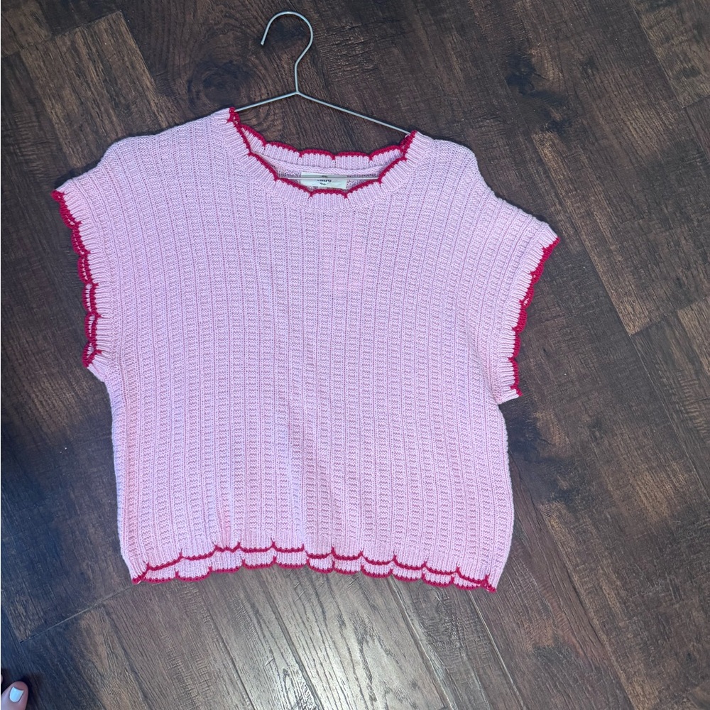 Pink Knit Top with Red Trim